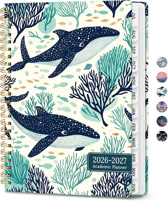 Planner 2026-2027, Hardcover Monthly and Weekly Academic Planner July 2026 - June 2027, Teacher and Student Calendar Agenda Book with Tabs, A5 (6.3" x 8.5"), Ideal for School and Office, Drifting Whales
