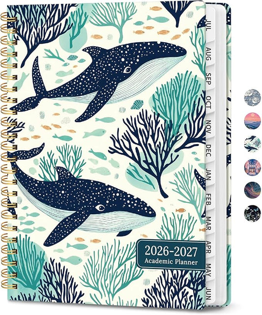 Planner 2026-2027, Hardcover Monthly and Weekly Academic Planner July 2026 - June 2027, Teacher and Student Calendar Agenda Book with Tabs, A5 (6.3" x 8.5"), Ideal for School and Office, Drifting Whales