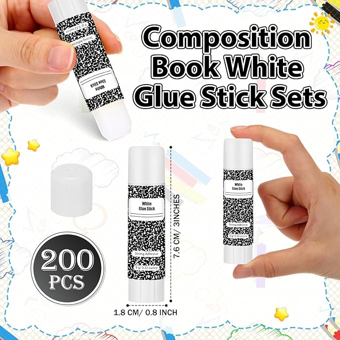 Zubebe 200 Pcs White Glue Stick Bulk Back to School Gifts First Day Sets 0.32 oz Washable Glue Stick for Crafts Home Classroom Prize Party Supplies Scrapbooking Crafting Supplies (Composition Book)
