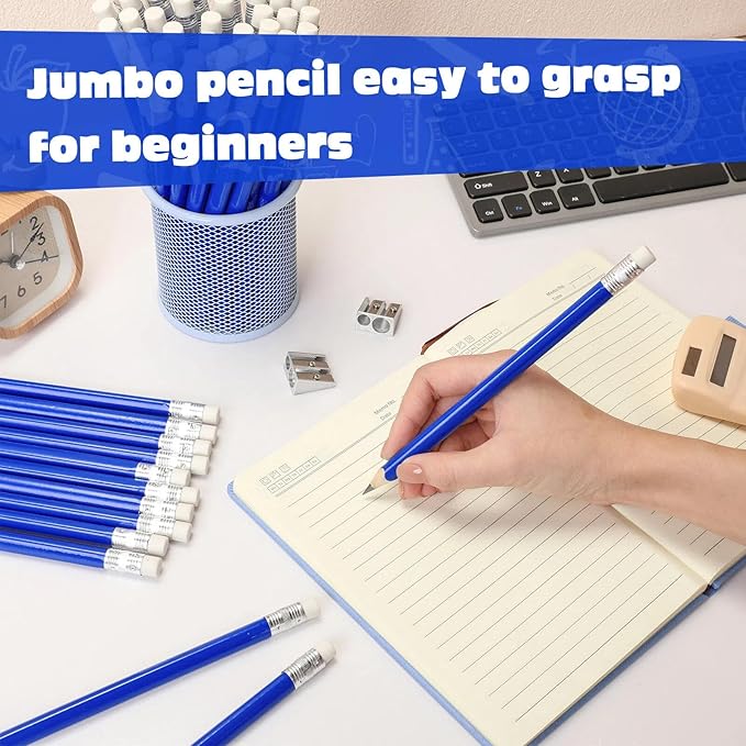 Fainne 102 Pcs Bulk Fat Jumbo Pencils Set 96 Giant Big Large Thick Pencils with Erasers 6 Sharpeners for Home School Classroom Beginners(Blue,Round)
