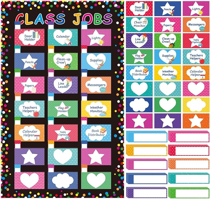 Class Jobs Pocket Chart Classroom Management and Teacher's Helper Bulletin Board Decoration Educational Schedule Board Pocket Chart with Name Tags for School Classroom Chalkboard Wall Decor