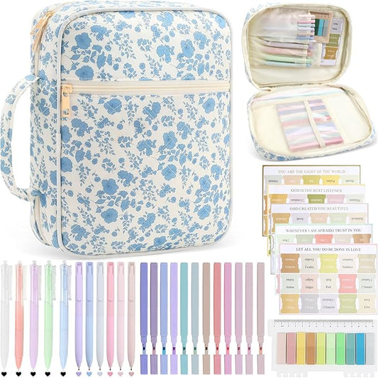 Bible Cover Case Study Supplies for Women Gifts Large Bible Cover with Highlighters Pens Tabs Cute Quilted Carrying Case Journal Kit Accessories Christian Gifts Sticky Notes A