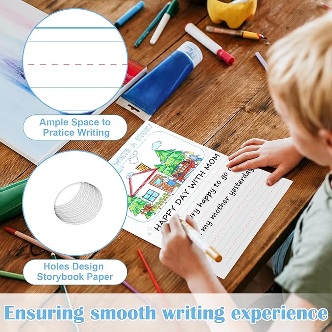 50 Sheets 8.5 x 11" Story Writing Paper for Kids Loose Leaf Draw and Write Paper 3/4" Long Rule Double-Sided K2 Write Story Handwriting Practice Paper Kindergarten Storybook Paper with Lines