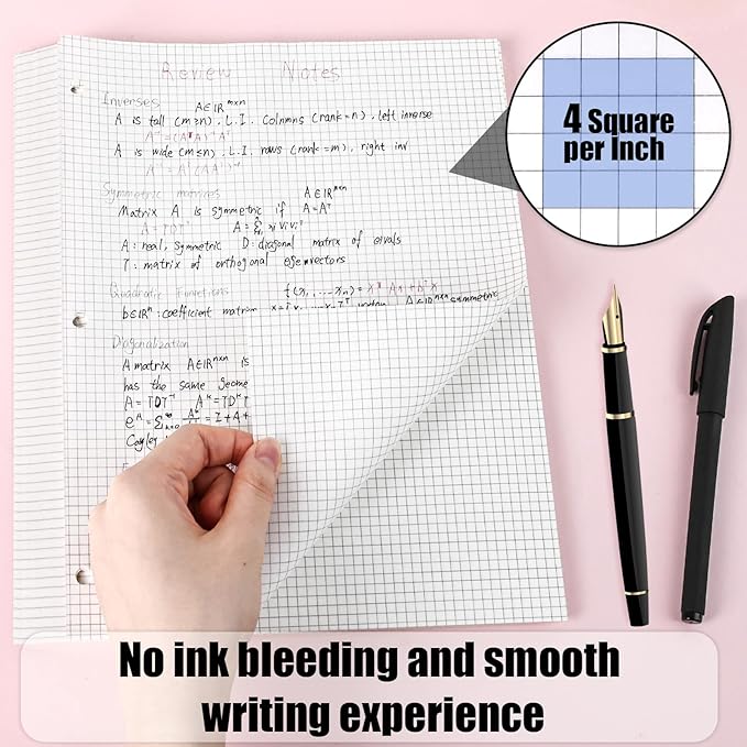 Koogel Graph Paper Filler Paper, 100 Sheets 8" x 10.5" Loose Leaf Graph, 4 x 4 Grid / 4mm Quad Ruled, 3-Hole Punched for 3 Ring Binders, Math, Physics, Engineering & School Supplies