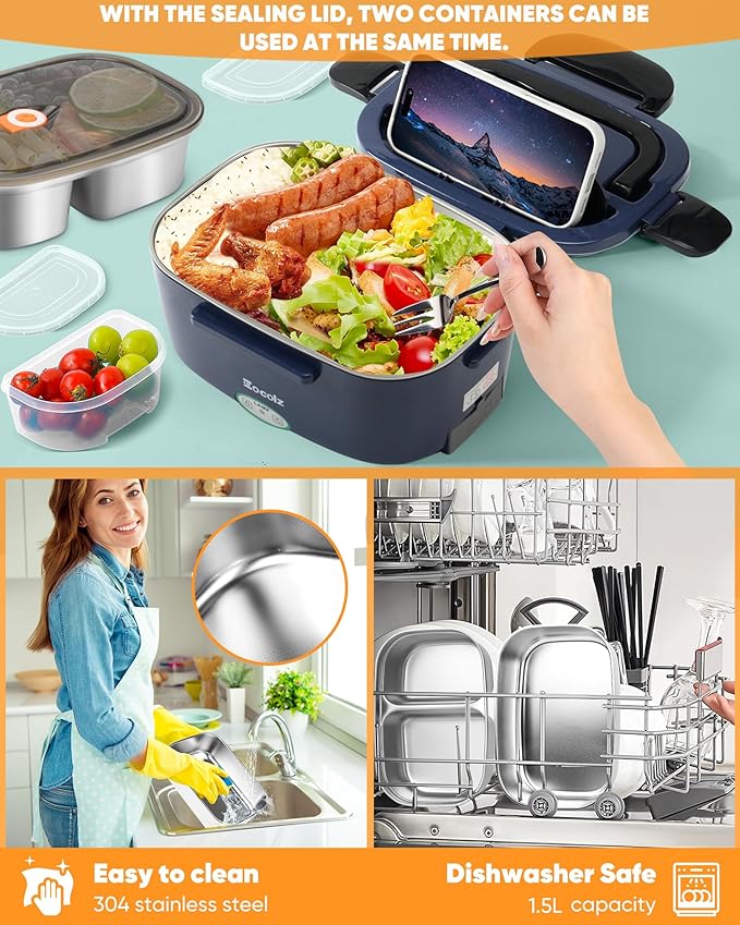 Eocolz Electric Lunch Box Food Heater 80-100W, Food Warmer with Dual Container 1.5L Portable Heated Lunch Box for Car Truck Work Stainless Steel Fork & Spoon 12/24/110V for Adults Lonchera Eléctrica
