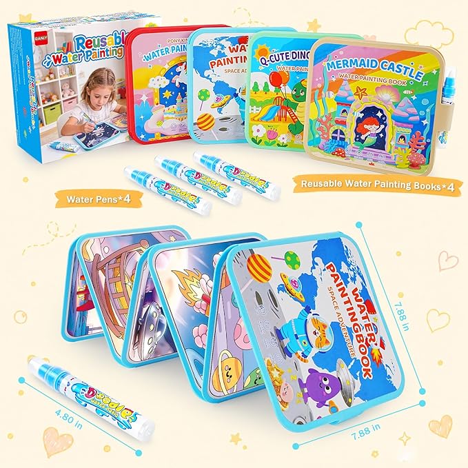 QANIY Reusable Water Painting Book, 4 Pack Magic Water Coloring Books with 4 Water Pens for Toddlers，Mess-Free Coloring Book with 4 Different themes,Travel Activity Toys, Gift for Boys & Girls Ages 3+