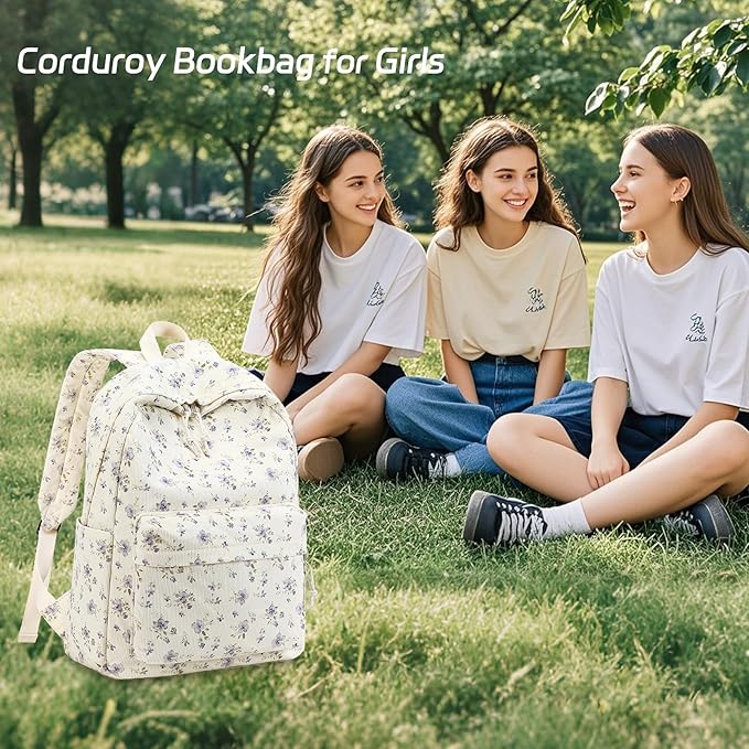 BTOOP School Backpack for Girls Teens Large Corduroy Bookbag Lightweight 15.6 inch Laptop Bag for Women Casual High School College (Purple Floral)
