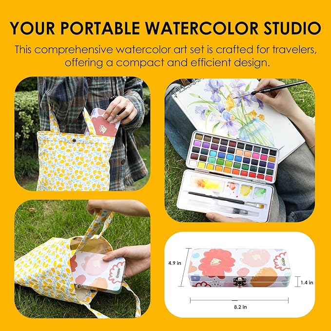 Grabie 50 Colors Watercolor Paint Set, Detail Paint Brush Included, Watercolor Paints, Painting Sets, Art Supplies for Painting, Travel Watercolor Set, Amateur Hobbyists