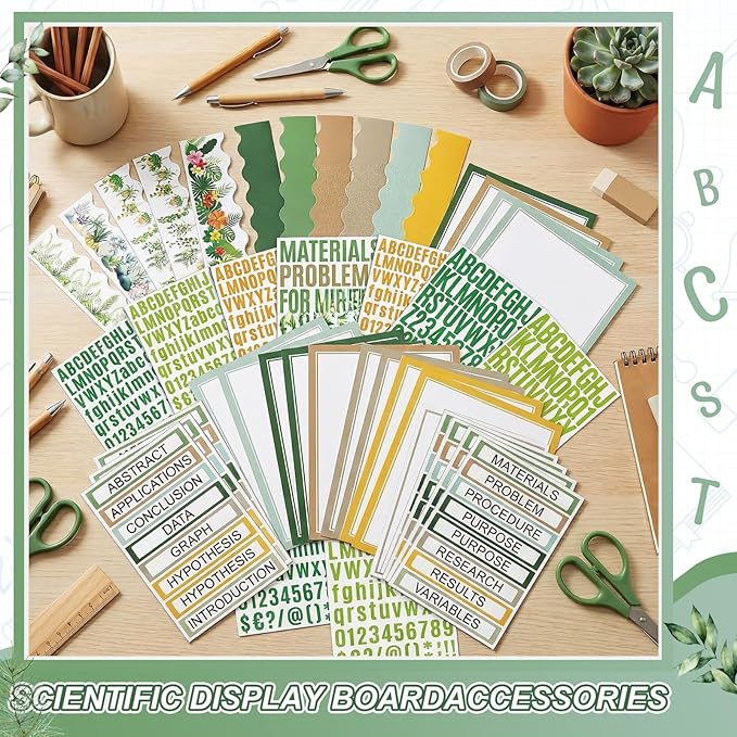 Sinload 92 Pcs Science Fair Board Supplies 60 Trim Scalloped Poster Boards 18 Presentation Subtitles 6 Project Titles 8 Letter Sticker for Classroom Display Boards (Green,Plant)