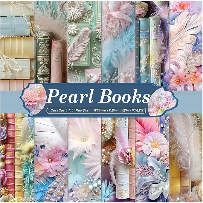 Scrapbook Paper,24 Sheets 6"x 6" Vintage Scrapbook Supplies,Single-Sided Pattern Decorative Cardstock Paper for Junk Journal,Card Making,DIY Album, Art Journaling,Decoupage Craft,Pearl Books