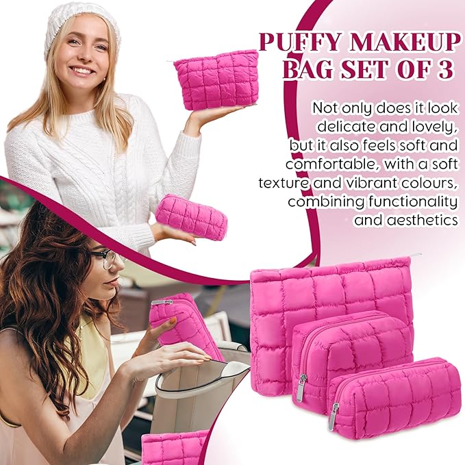 Huhumy 3 Pcs Puffy Makeup Bag Quilted Cosmetic Pouch for Women Cute Checkered Travel Toiletry Bag Puffer Makeup Organizer Purse Pouch Preppy Pencil Case with Zipper(Hot Pink)