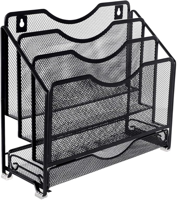 EasyPAG Mesh Desk Paper Organizer Wall Hanging File Holder with 3 Upright File Organizer and Sliding Drawer,Black