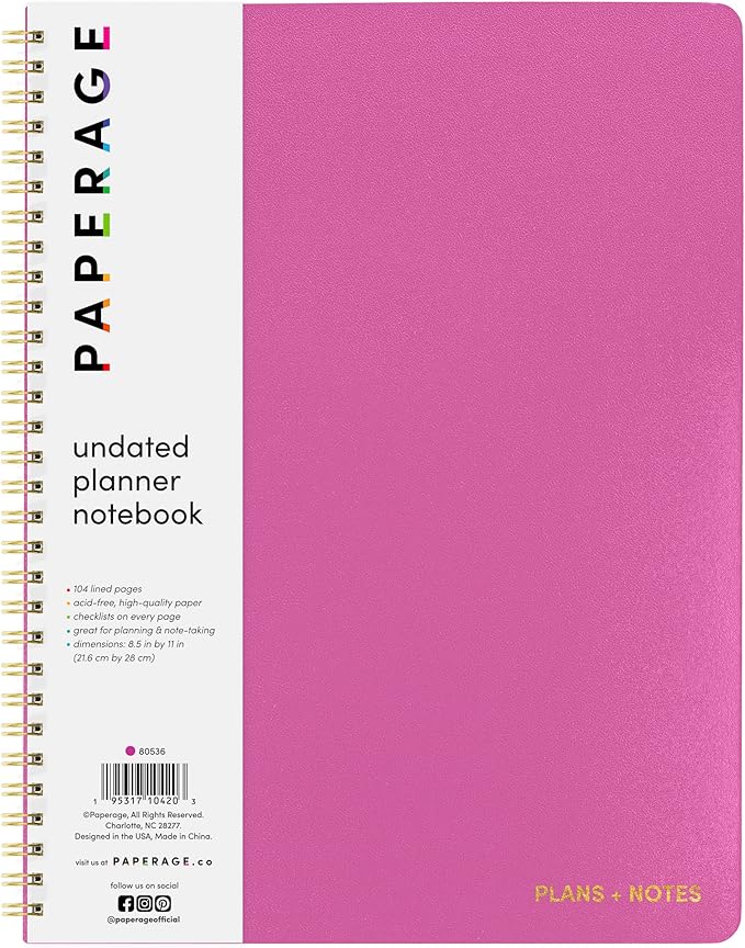 PAPERAGE Undated Daily Planner & To Do List Notepad (Raspberry), 8.5 in x 11 in, Spiral Bound Planner Notebook for Work, School or Home, 104 Lined Pages With Date Tracker for Plans & Notes