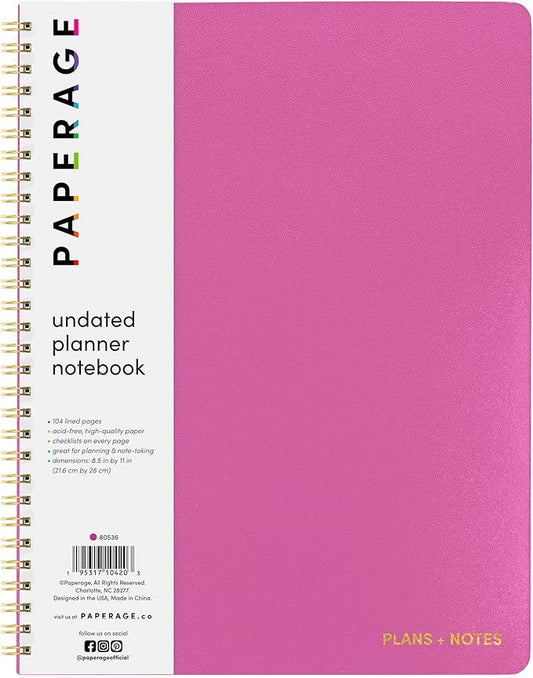 PAPERAGE Undated Daily Planner & To Do List Notepad (Raspberry), 8.5 in x 11 in, Spiral Bound Planner Notebook for Work, School or Home, 104 Lined Pages With Date Tracker for Plans & Notes