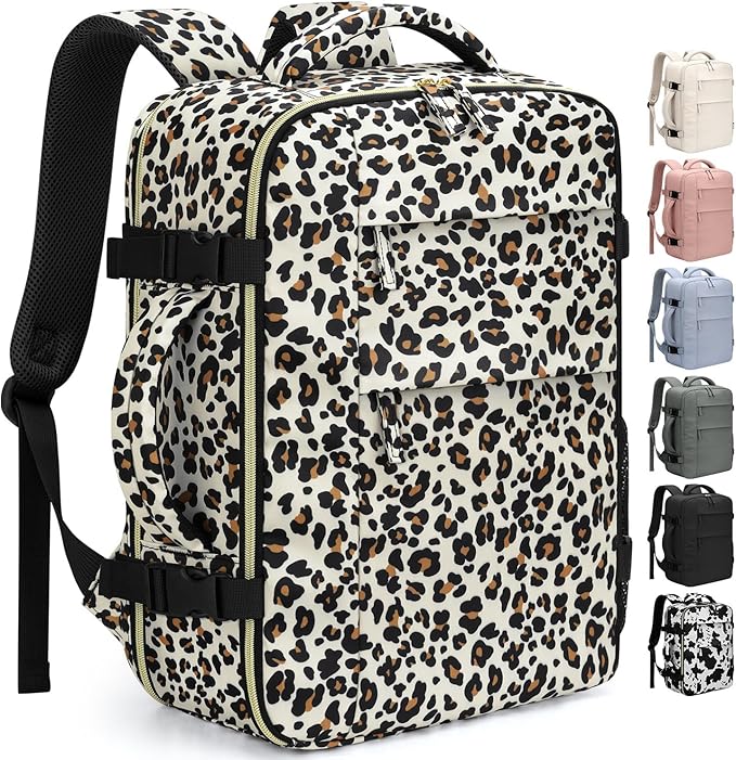 Pritent Travel Backpack for Women Man, Waterproof Laptop Backpack Travel Bag Airline Approved Carry on Weekender Overnight Bag Bookbag for Business,Travel, Work Fits 17.3 inch Laptop(Large,Leopard)
