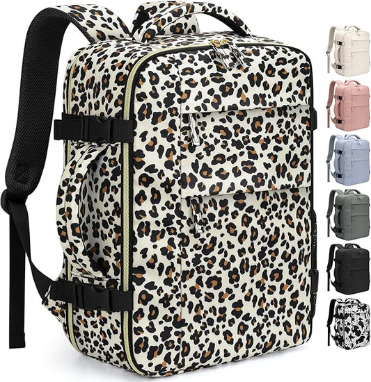 Pritent Travel Backpack for Women Man, Waterproof Laptop Backpack Travel Bag Airline Approved Carry on Weekender Overnight Bag Bookbag for Business,Travel, Work Fits 17.3 inch Laptop(Large,Leopard)