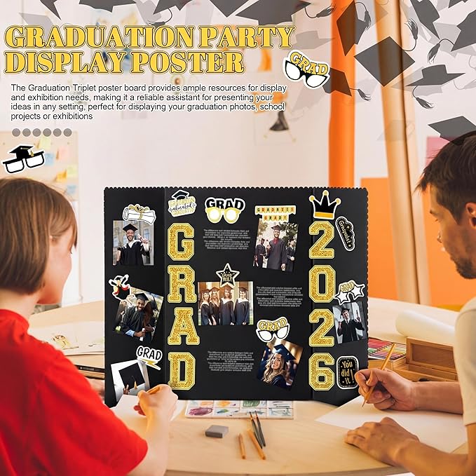 MiniInflat 4 Set 2026 Graduation Picture Trifold Poster Board Double-Sided Foldable Photo Display Board Graduation Decoration for Class of 2026 High School College DIY Craft(Gold,24 x 16 Inches)