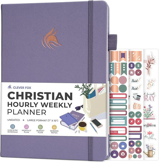 Clever Fox Christian Hourly Weekly Planner – Goal Setting Planner with Time Slots, Monthly Budget, Sermon Notes, Bible Reading Tracker (Lavender)