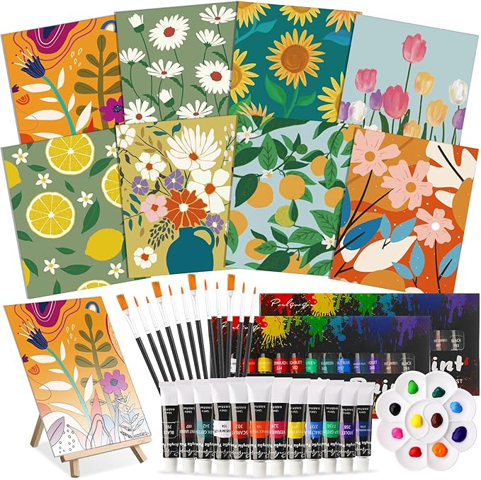 Cholemy 36 Pcs Paint and Sip Kit for Adults 8''x10'' Pre Drawn Canvas for Painting DIY Afro Acrylic Painting Kit Wood Easel Brushes Date Night Bulk for Father's Day Party Gifts(Flowering)