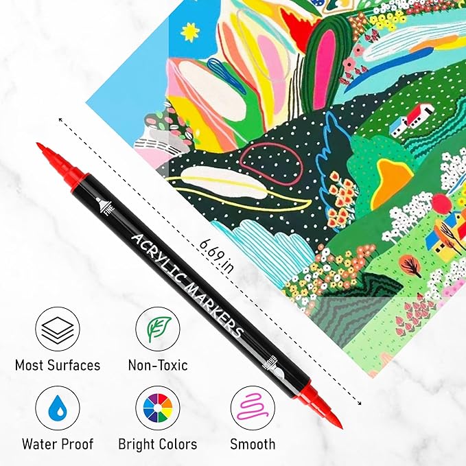 Recheel 30 Colors Acrylic Paint Markers, Dual Tip Fine and Brush Tips for Detailed Art, Crafting, Rock Painting, Wood, Glass, Ceramic, and More