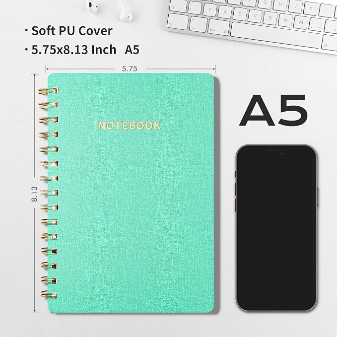 Spiral Notebook-5.75" x 8.125" College Ruled Journal with Inner Pockets and 160 Pages,PU Leather Cover Business Journal, Twin-Wire Binding Notebook Perfect for Office & Home School Supplies MintGreen