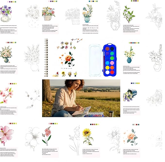 12 Colors Watercolor Book with Paint，Beginner Watercolor Workbook Kit, Watercolors Workbook (Flowers -12 Colors)