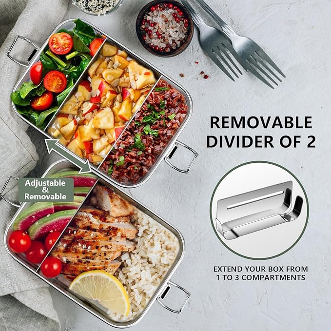 Leonyo 28oz Bento Box, 18/10 Stainless Steel Bento Lunch Box with 2 Dividers, 850ml Small Leak-Proof Food Snack Containers for Sandwich, Dishwasher Safe, Oven Safe Except for Lid