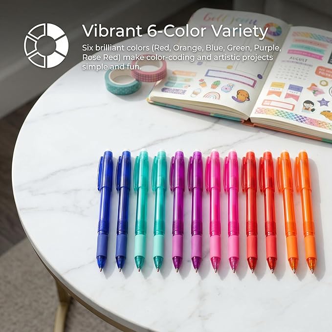 Volcanics Erasable Gel Pens, 0.7mm Fine Point Gel Erasable Ink Pens - Compatible with Rocketbook, 12 Pack, Smooth Writing Pens Pencil-Like Precision for for Office, Journaling, Note Taking & Planning