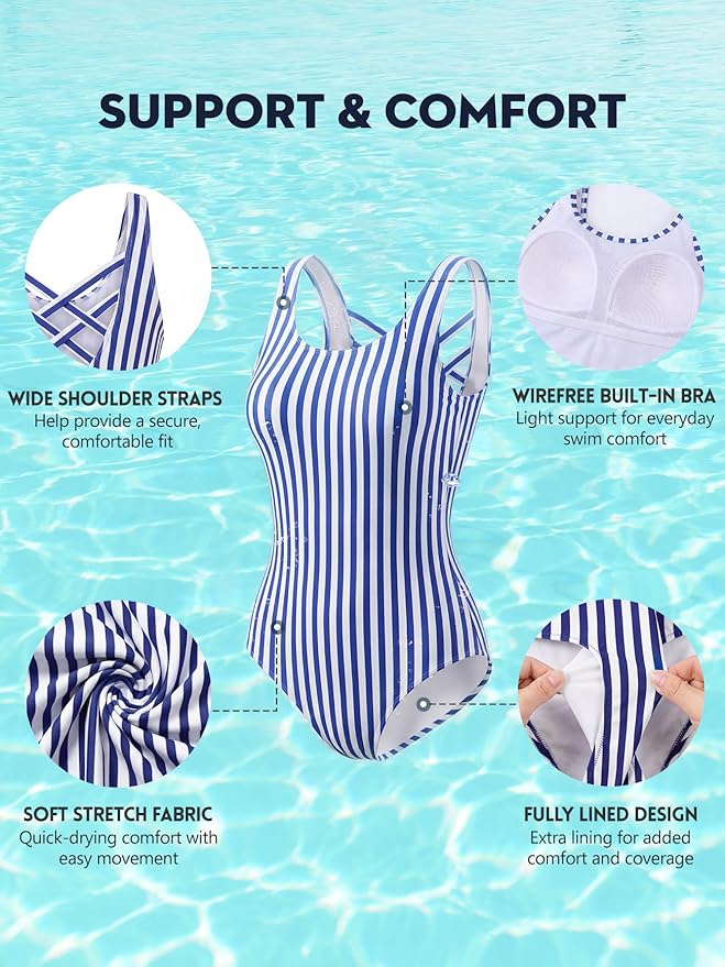 Modest Full Coverage One Piece Swimsuit Floral Bathing Suit Criss Cross Back Swimwear with Built-in Bra