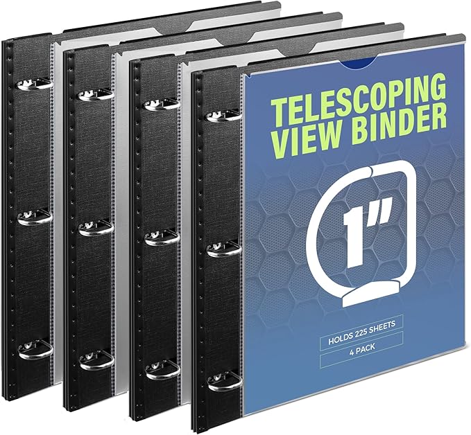 WOT I 1 Inch Telescoping 3 Ring Binder 4 Pack, Expandable Flexible Binder with Customizable Front Cover & Clear Catalog Pocket, Holds 8.5"x11" Paper, School Office Supplies, Black