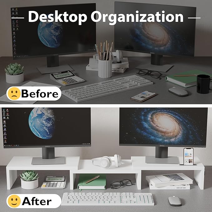 BONTEC Dual Monitor Stand Riser, Adjustable Length & Swivel Angle, Ergonomic Wooden Desktop Organizer with Smartphone Holder, Computer Monitor Stand for PC Monitor, Laptop, Printer, Large Storage