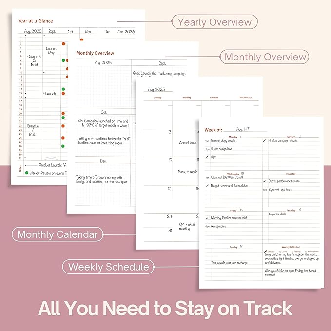 Undated Weekly Planner, 8.5" x 11", Dashboard Layout with Yearly Review, Monthly Calendars, & Weekly To Do List, Spiral Bound Organizer for Work, Study & Life (Pink)