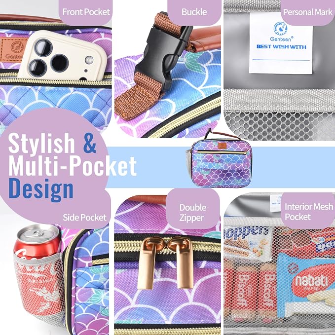 Genteen Lunch Box for Kids, Boys - Insulated Small LunchBox Reusable, Zip Closure & Buckle Handle, Portable Cooler for Work, School, Travel (Mermaid)