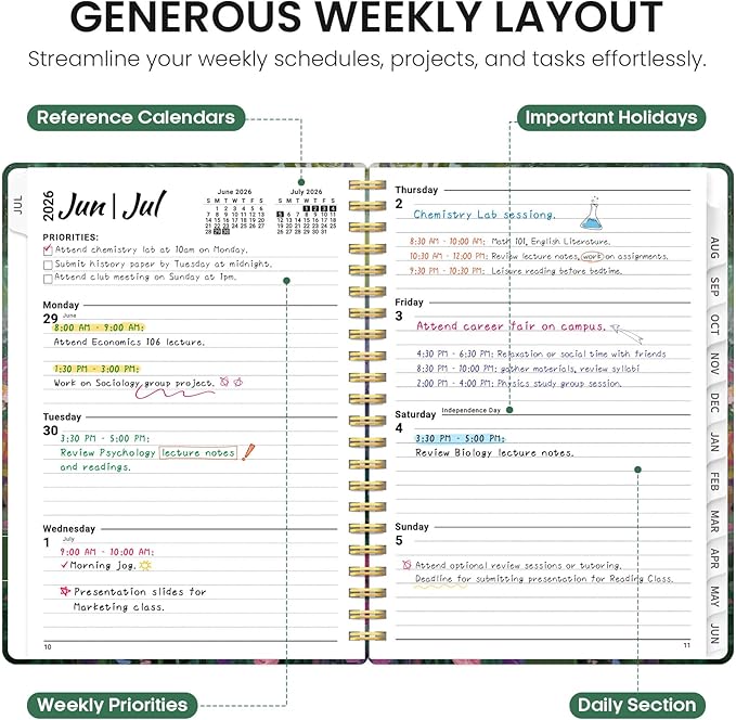 Planner 2026–2027, Academic Monthly Weekly Spiral Calendar, July 2026 – June 2027, Hardcover Agenda Notebook with Tabs, 6.3" x 8.5", Perfect for Students, Teachers, School & Daily Planning - Midnight Garden