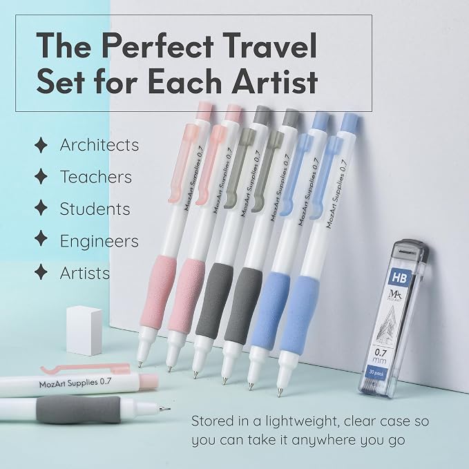 MozArt Cute Mechanical Pencil Set 0.7mm 16PCS Pastel Aesthetic Girls | 30 HB Lead Refills – Aesthetic Pastel Design – Art & Drawing Supplies for Girls, Students & Kids – Cute Writing Pencils
