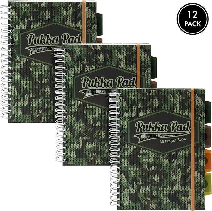 Pukka Pad 5 Subject Spiral Notebook 12-Pack - 200 Pages, 100 Sheets of 80GSM Paper with Repositionable Dividers & Perforated Edges for School & Office Planning & Organization - B5-7 X 10, Camo