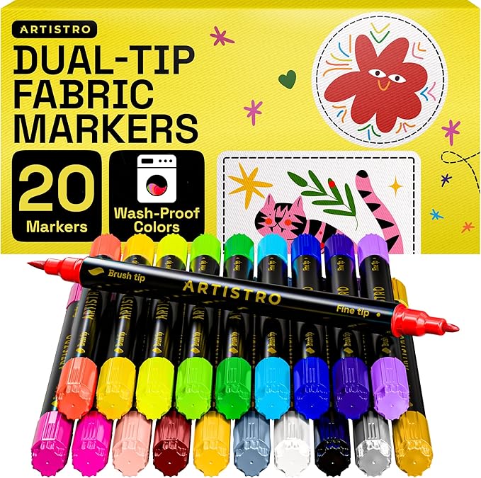 ARTISTRO 20 Dual-Tip Fabric Markers - Fabric Decorating Kit - Permanent for Clothes - No Bleed Pens for T-Shirts, Bags, Textile, Canvas, and More (Brush Tip and Fine Tip)