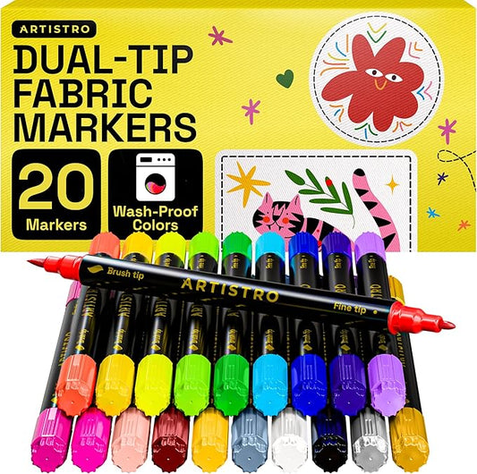 ARTISTRO 20 Dual-Tip Fabric Markers - Fabric Decorating Kit - Permanent for Clothes - No Bleed Pens for T-Shirts, Bags, Textile, Canvas, and More (Brush Tip and Fine Tip)