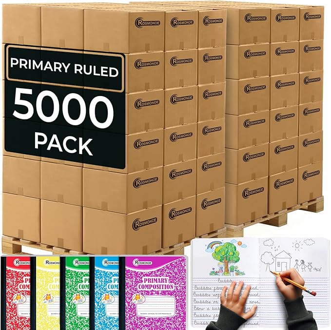 Rosmonde Mega Pallet (5000 Pack) Assorted Marble Composition Notebook, 100 Sheets (200 Pages), 9-3/4 x 7-1/2, Primary Ruled With Drawing, Grades K-2, Bulk School Supplies, 4-7 Days Transit