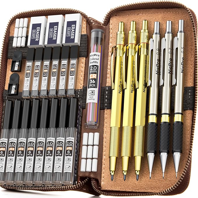 Nicpro 30PCS Art Mechanical Pencils Set in Leather Case-Gold | Metal Drafting Pencil 0.5/0.7/0.9/2mm Lead Pencil Holder for Sketching Drawing With 252 (6b 4B 2B HB 2H 4H Color) Lead Refill
