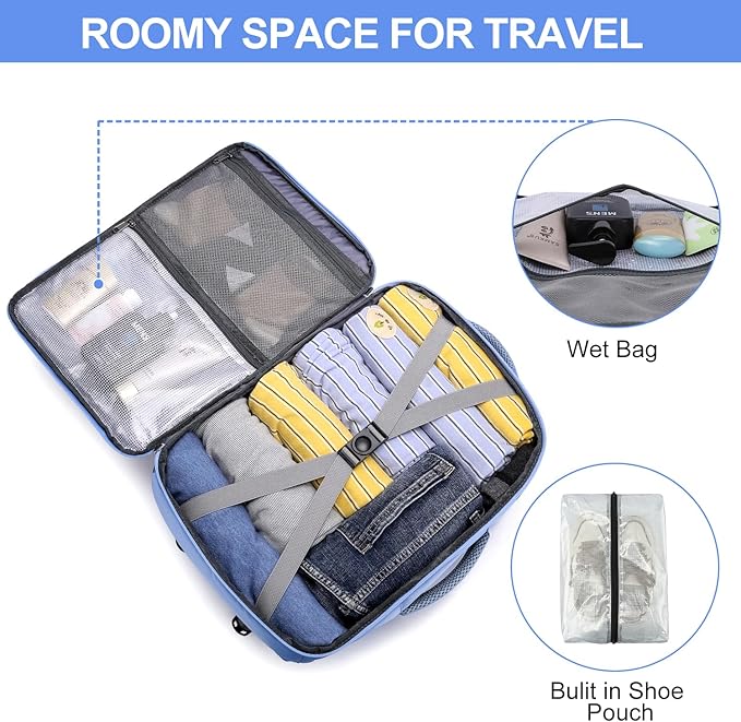Travel Laptop Backpack for Men Women Airline Approved Carry On Backpack with Shoe Pouch,TSA 15.6inch Laptop Mochila Flight Approved Personal Item Bag for Weekender Bookbag Travel Essentials,Blue
