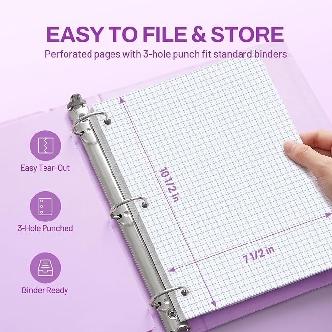 SUNEE Spiral Notebook, 1-Subject, Graph Ruled Paper, 8" x 10-1/2", 100 Sheets per Notebook, 3-Hole Punched Paper, Water Resistant Cover, Spiral Grid Notebooks for Work, Home, School, Dark Purple