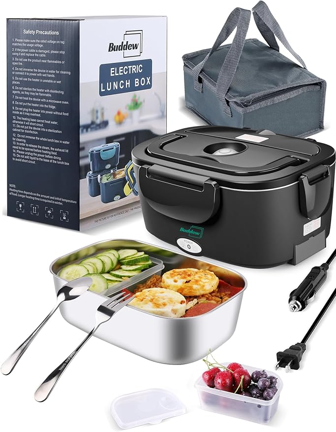 Buddew Electric Heated Lunch Box, 80W Fast Heating, 1.5L Food-Grade 304 Stainless Steel, 12V/24V/110V Portable Food Warmer for Car Truck Office Adults, Lonchera Electrica Portatil (Black)