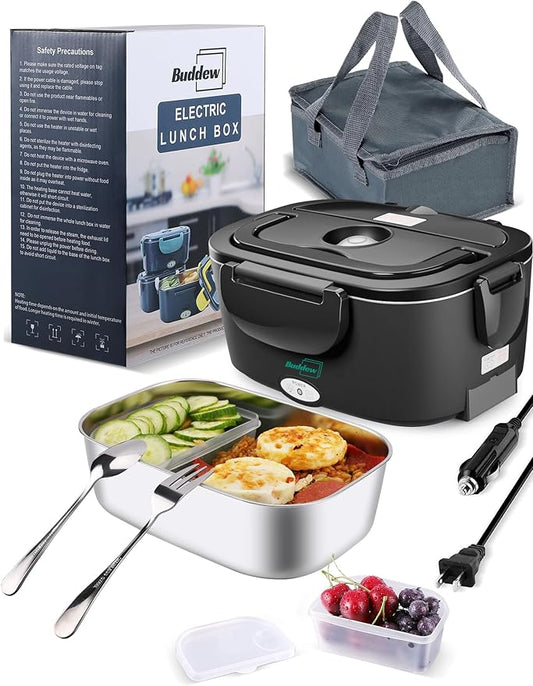 Buddew Electric Heated Lunch Box, 80W Fast Heating, 1.5L Food-Grade 304 Stainless Steel, 12V/24V/110V Portable Food Warmer for Car Truck Office Adults, Lonchera Electrica Portatil (Black)