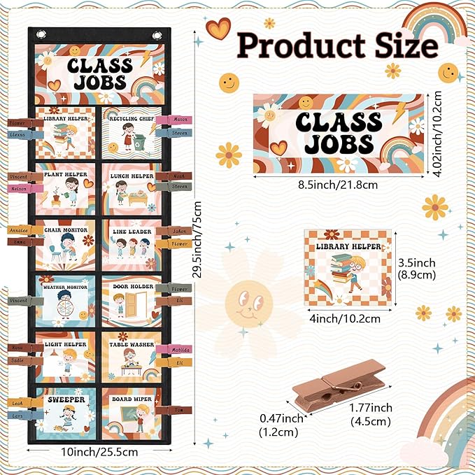 Pasimy Groovy Class Jobs Pocket Chart Class Helpers Pocket Chart Classroom Jobs Cards with Clips and Hooks Teacher Helper Bulletin Board Set for Back to School Classroom Teacher Supplies