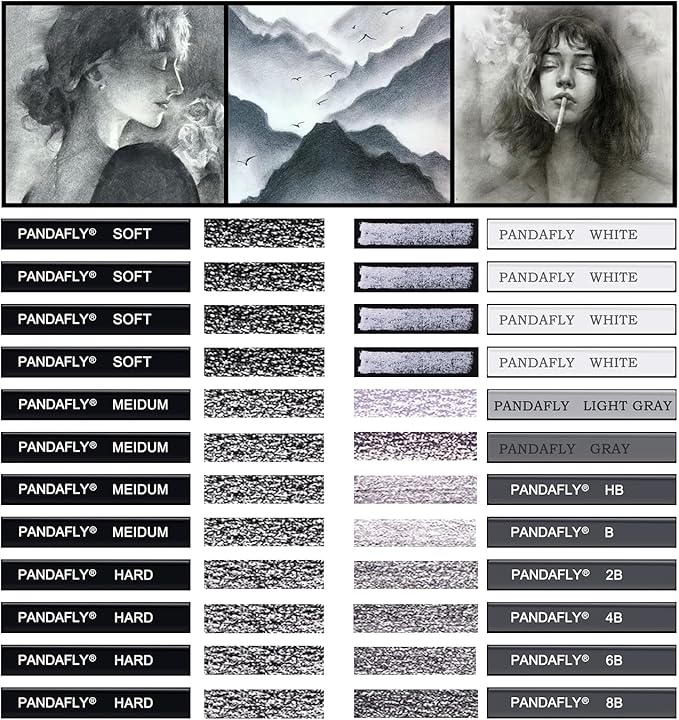 PANDAFLY Compressed Graphite Charcoal Sticks, 24 Pieces Black & White Vine Charcoal Sticks for Drawing, Sketching, Shading, Charcoal Drawing Set for Beginners & Pro Artists