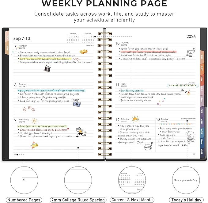 RETTACY Academic Planner 2026-2027, Weekly and Monthly, July 2026 - June 2027, Large Size (8.5" x 11"), Calendar, Agenda, 12-Month Tabs, for Student, Teacher, School (Black)