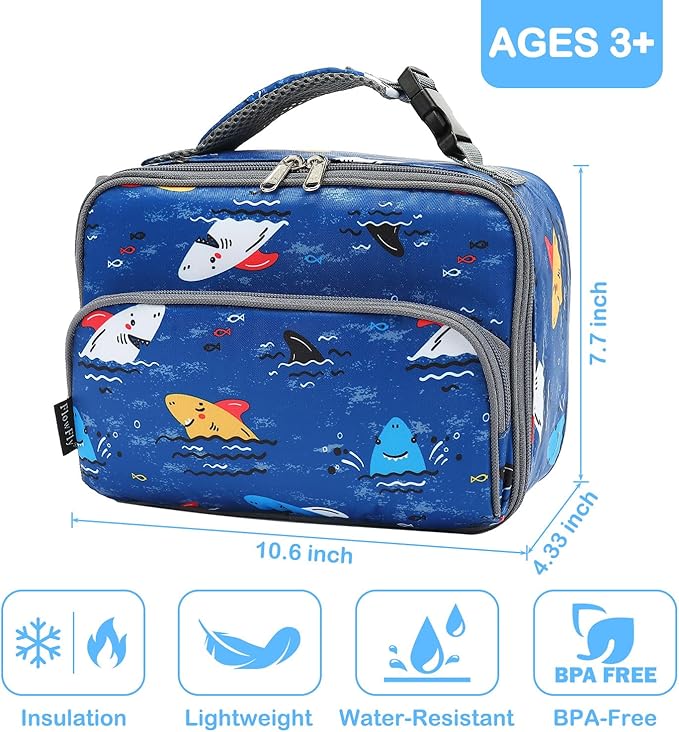 FlowFly Kids Lunch box Insulated Soft Bag Mini Cooler Back to School Thermal Meal Tote Kit for Girls, Boys, Colorful-Shark
