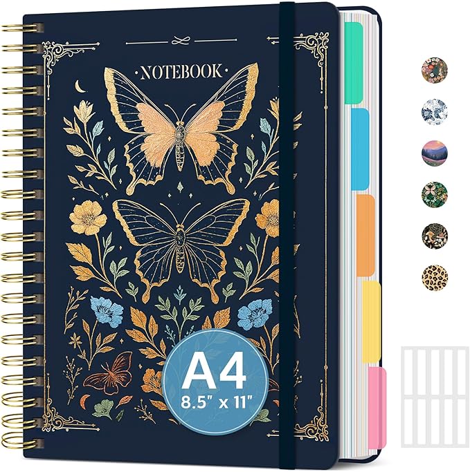 Large Spiral Notebook with Dividers & Tabs, 8.5" x 11" Hardcover 5 Subject Notebook for Work, 280 Pages, College Ruled, Cute Journal for Women, Perfect for Study & Office Note Taking, Golden Butterfly
