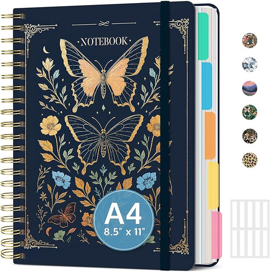Large Spiral Notebook with Dividers & Tabs, 8.5" x 11" Hardcover 5 Subject Notebook for Work, 280 Pages, College Ruled, Cute Journal for Women, Perfect for Study & Office Note Taking, Golden Butterfly